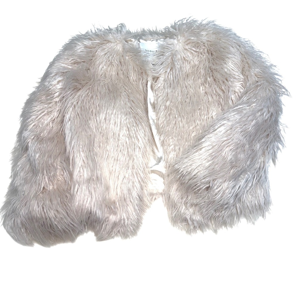 McGuire Womens XS Faux Fur Jacket Cream Shaggy Open Front Cropped Shrug Glam